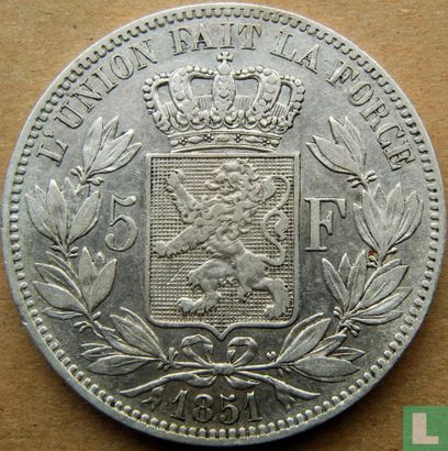 Belgique 5 francs 1851 (sans point au-dessus de l'année) - Image 1