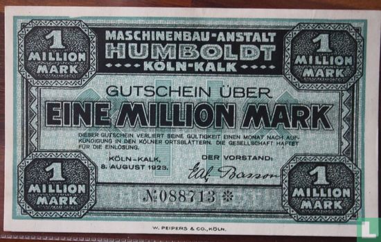 Köln-Kalk 1 Miljoen Mark 1923 - Afbeelding 1