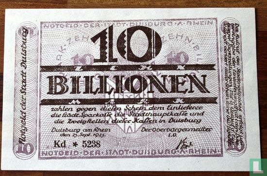 Duisburg 10 Biljoen Mark 1923 - Afbeelding 1