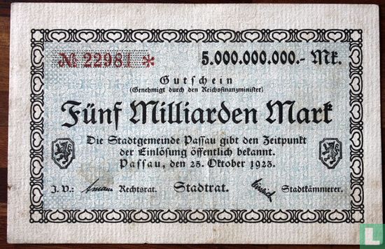 Passau 5 Billion Mark 1923 - Image 1