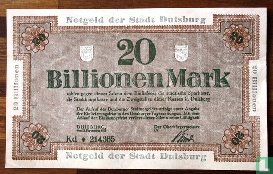 Duisburg 20 Biljoen Mark 1923 - Afbeelding 1