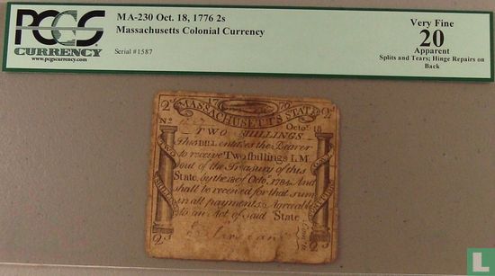 Colonial Amérique - État du Massachusetts 2 shillings  (Paul Revere Morue)  1776-1784 - Image 3