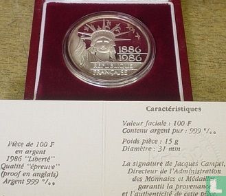 France 100 francs 1986 (BE - Argent) "Centenary Statue of Liberty 1886 - 1986" - Image 3