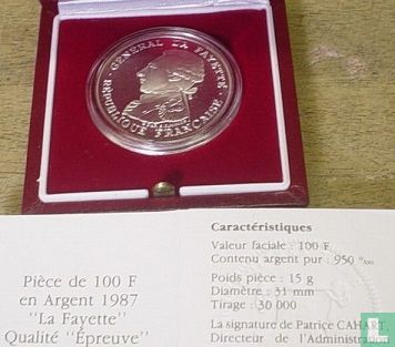 Frankrijk 100 francs 1987 (PROOF - zilver) "230th anniversary of the birth of La Fayette" - Afbeelding 3