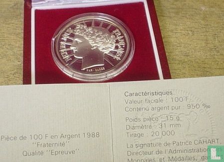 Frankreich 100 Franc 1988 (PP - Silber) "Fraternity" - Bild 3