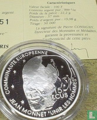 France 100 francs / 15 écus 1992 (PROOF) "Jean Monnet" - Image 3