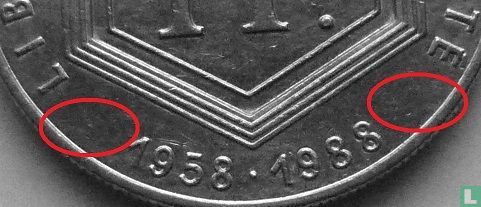Frankrijk 1 franc 1988 (zonder munttekens) "30th anniversary of the Fifth Republic" - Afbeelding 3