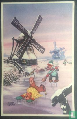 (School) Nieuwjaarskaart Wammes en Heer Bommel op het ijs [met schoolstempel] - Image 1