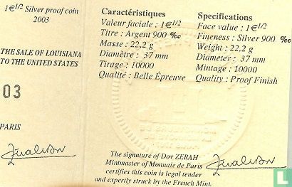 France 1½ euro 2003 (PROOF) "Bicentenary of the sale of Louisiana to the United States" - Image 3