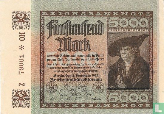 Reichsbank 5000 Mark 1922 (P.81b-Ros 80b) - Image 1