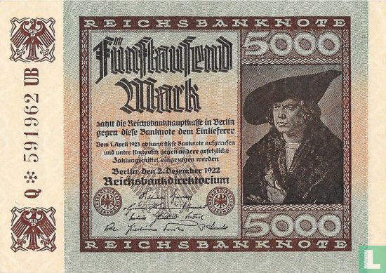 Reichsbank 5000 Mark 1922 (P.81b - Ros.80c) - Image 1