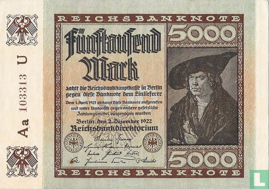Reichsbank 5000 Mark 1922 (P.81d - Ros.80e) - Afbeelding 1