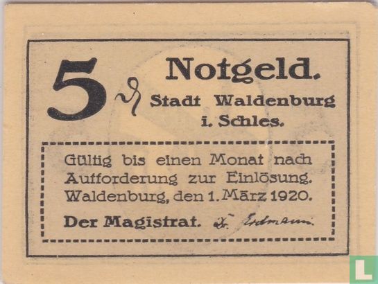 Waldenburg Stadt in Schlesia 5 pfennig 1920 - Afbeelding 1