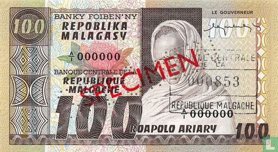 Madagascar 100 Francs 1974 Specimen - Afbeelding 1