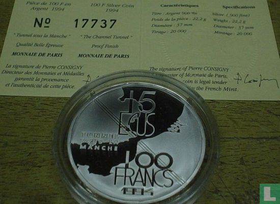 France 100 francs / 15 écus 1994 (PROOF) "Opening of the Channel Tunnel" - Image 3
