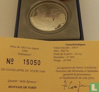 Frankrijk 100 francs 1994 (PROOF) "Appeal of 18 June 1940" - Afbeelding 3