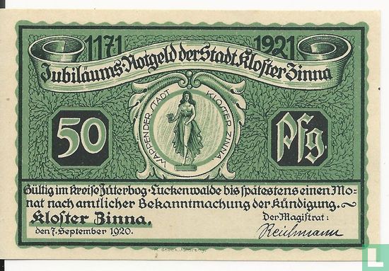 Kloster Zinna, Stadt - 50 Pfennig 1920 - Afbeelding 1