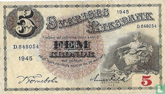Suède 5 Kronor 1945 - Image 1