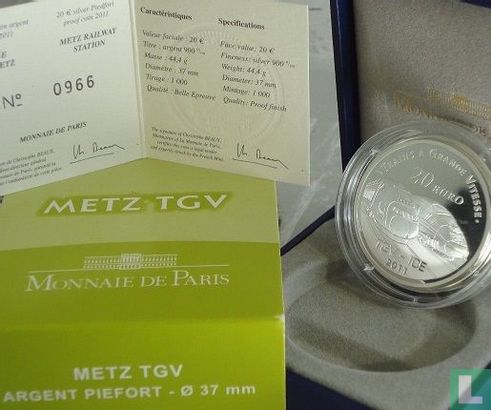 Frankrijk 20 euro 2011 (PROOF - PIEDFORT) "Metz TGV station" - Afbeelding 3
