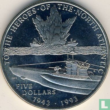 Îles Marshall 5 dollars 1993 (PROOFLIKE) "To the Heroes of the North Atlantic" - Image 1