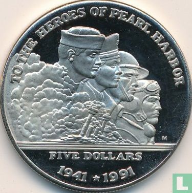 Îles Marshall 5 dollars 1991 "To the Heroes of Pearl Harbor" - Image 1