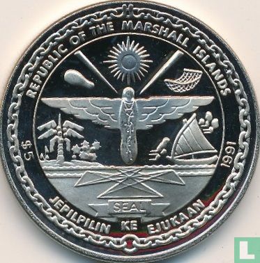 Marshall Islands 5 dollars 1991 "To the Heroes of Pearl Harbor" - Image 2