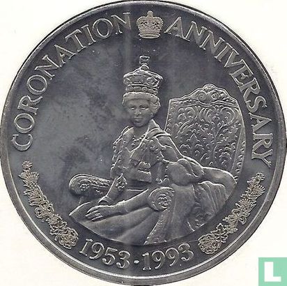 Turks- en Caicoseilanden 5 crowns 1993 "40th anniversary Coronation of Queen Elizabeth II - Queen on throne" - Afbeelding 1