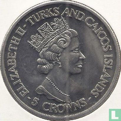 Turks- en Caicoseilanden 5 crowns 1993 "40th anniversary Coronation of Queen Elizabeth II - Queen on throne" - Afbeelding 2