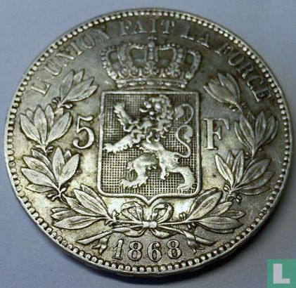 Belgique 5 francs 1868 (petite tête - position B) - Image 1
