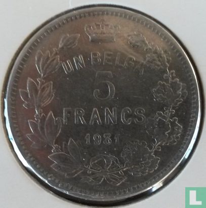 België 5 francs 1931 (FRA - positie B) - Afbeelding 1