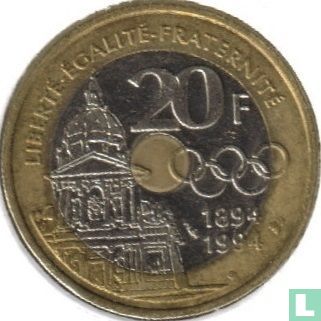 Frankrijk 20 francs 1994 "Centenary of International Olympic Committee created by Pierre de Coubertin" - Afbeelding 1