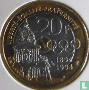 Frankrijk 20 francs 1994 (proefslag) "Centenary of International Olympic Committee created by Pierre de Coubertin" - Afbeelding 1