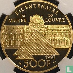 Frankreich 500 Franc 1993 (PP - 31.1 g) "200 years Louvre Museum - Mona Lisa" - Bild 1