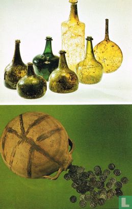 Bovenaan: flessen uit de 16de en 18de eeuw. Onderaan: Pingsdrofkruik - Image 1