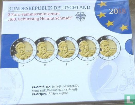 Germany mint set 2018 (PROOF) "100th anniversary of the birth of the Chancellor Helmut Schmidt" - Image 1