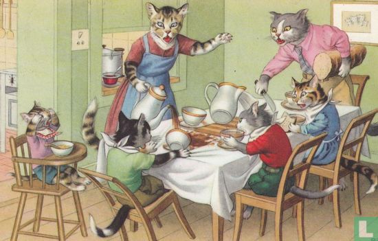 Eugen Hartung poezen/katten ongelukje aan de onbijttafel