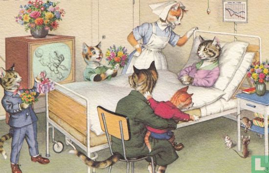 Eugen Hartung poezen/katten bloemen voor de zieke mama