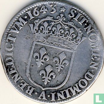 France ¼ ecu 1643 (LOUIS XIII - A - crowned escutcheon - rose) - Image 1