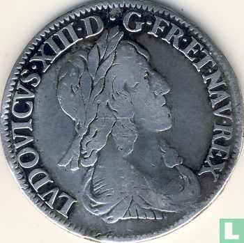 France ¼ ecu 1643 (LOUIS XIII - A - crowned escutcheon - rose) - Image 2