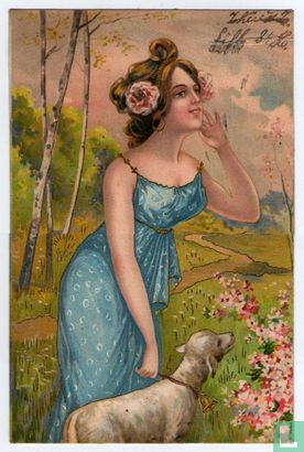 Meisje met blauwe jurk en schaap - Image 1