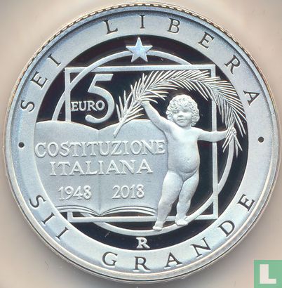 Italië 5 euro 2018 (PROOF) "70th anniversary of the entry into force of the Italian Constitution" - Afbeelding 1