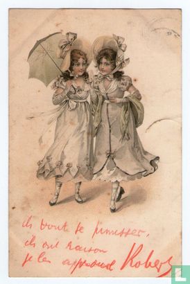 Wandelende meisjes met parasol - Afbeelding 1