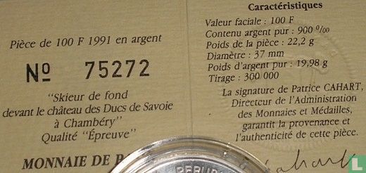 Frankrijk 100 francs 1991 (PROOF) "1992 Olympics - Albertville - Cross country skiing" - Afbeelding 3