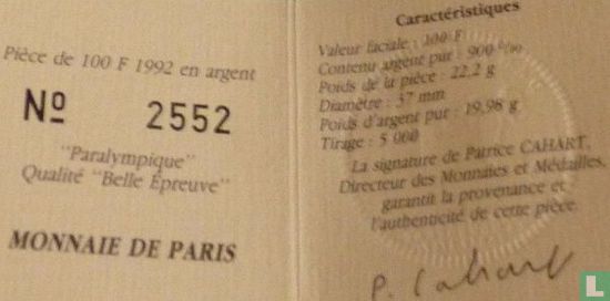 Frankrijk 100 francs 1992 (PROOF) "1992 Paralympics - Albertville" - Afbeelding 3