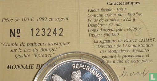 France 100 francs 1989 (PROOF) "1992 Olympics - Albertville - Ice skating couple" - Image 3