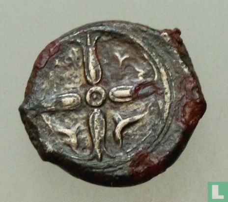 Syracuse, Sicily  AE15  (Hemilitron, Dolphin in Wheel, Ancient Greece)  400 BCE - Image 1