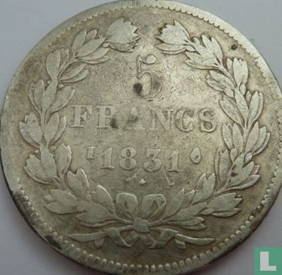 Frankrijk 5 francs 1831 (Tekst incuse - Gelauwerde hoofd - I) - Afbeelding 1