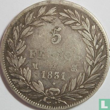 Frankreich 5 Franc 1831 (Vertieften Text - entblößtem Haupt - M) - Bild 1