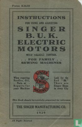 Instructions for using and adjusting Singer B.U.K. Electric Motors with treadle control for family sewing machines - Image 1