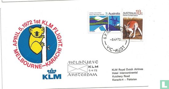 Eerste KLM vlucht Melbourne  - Karachi - Amsterdam